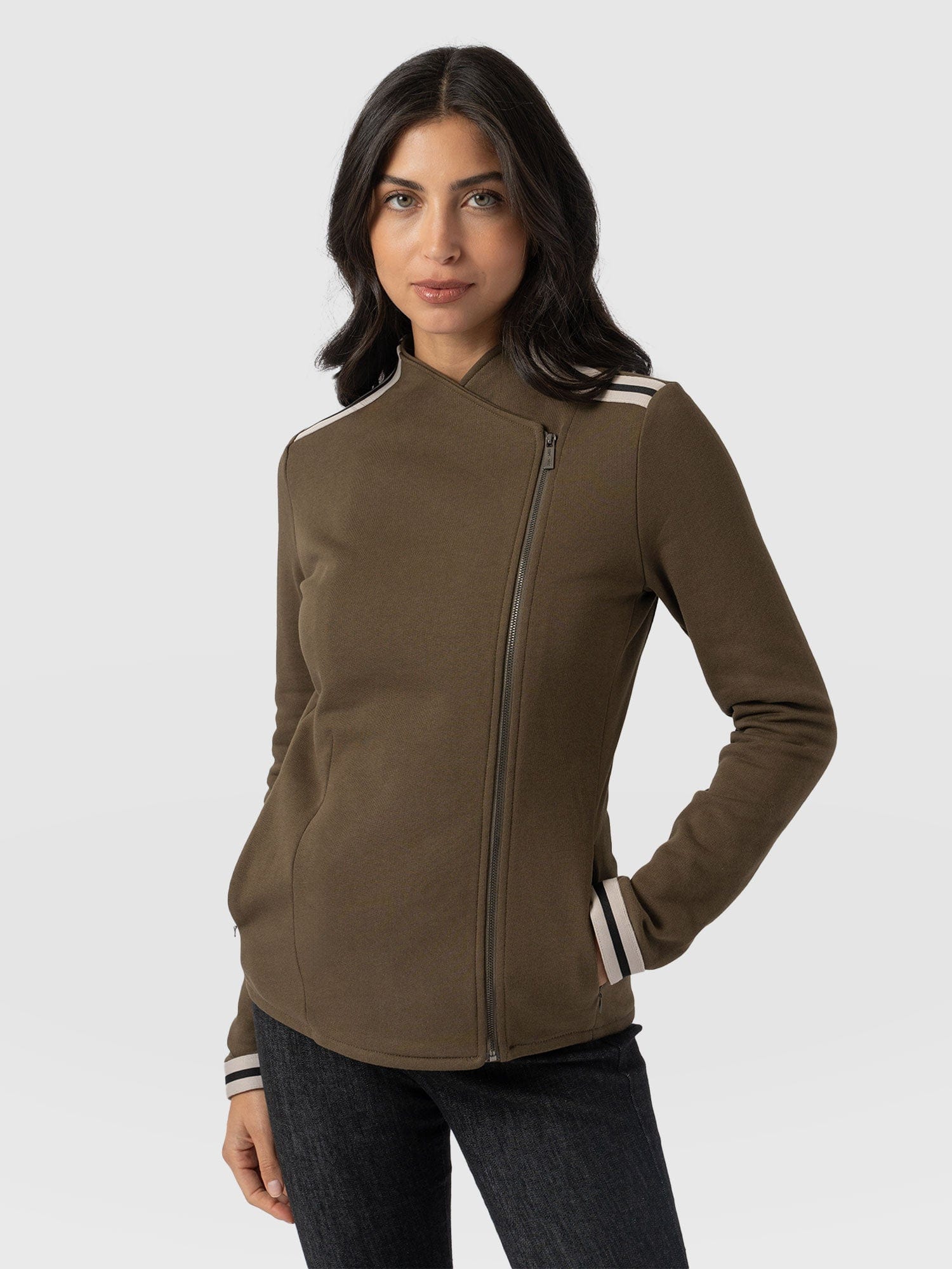 Cotton Biker Jacket - Khaki - Cream Stripe - Women's Jackets | Saint + Sofia® UK