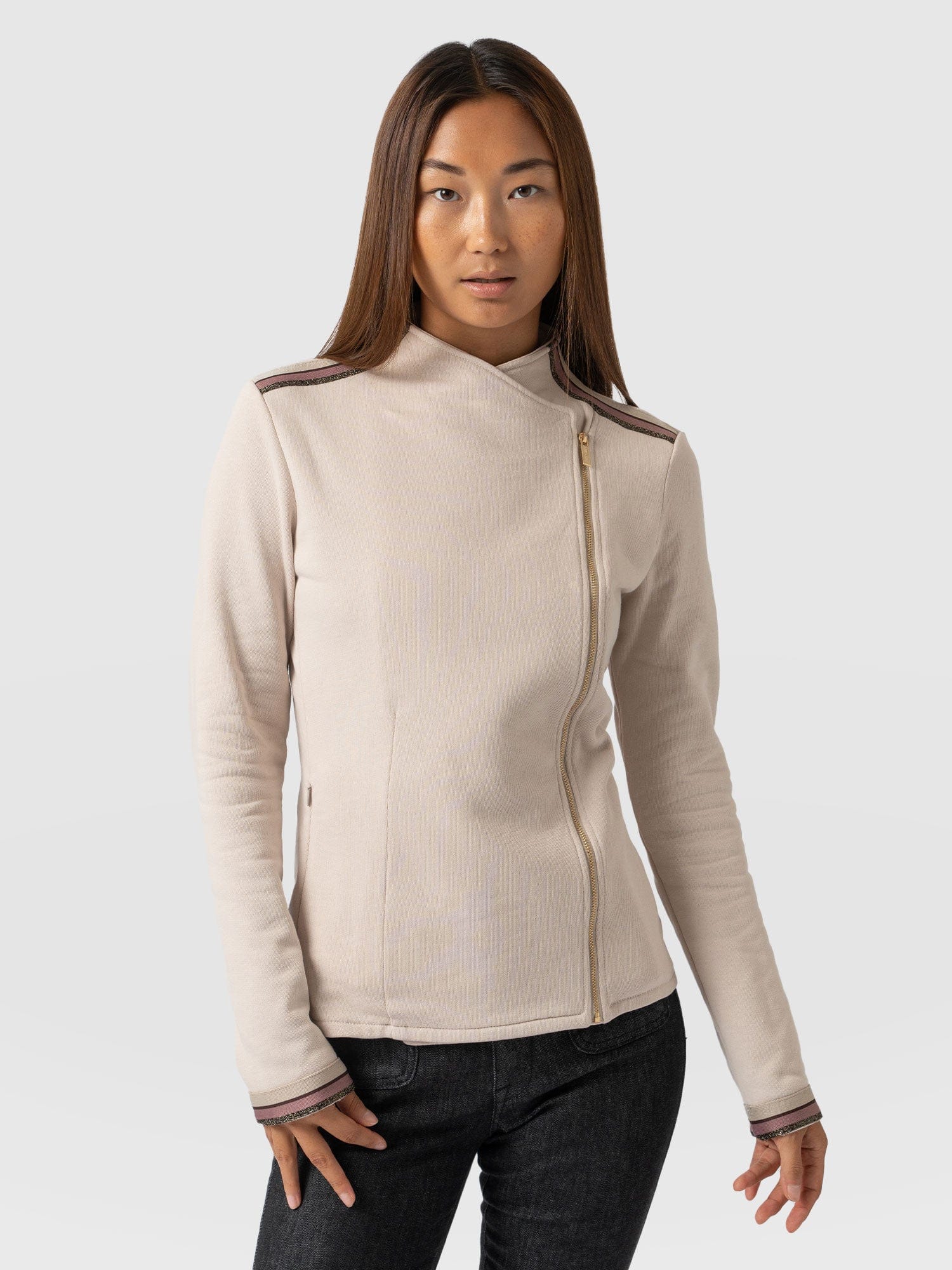 Cotton Biker Jacket Light Beige with Gold Lurex Tape Women's