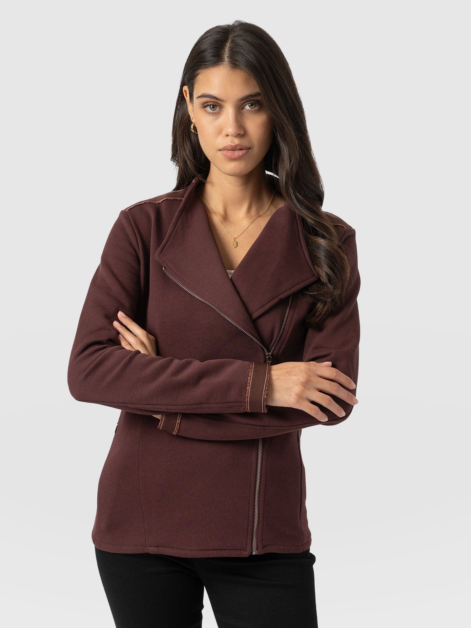 Cotton Biker Jacket - Maroon - Bronze Stripe - Women's Jackets | Saint + Sofia® UK