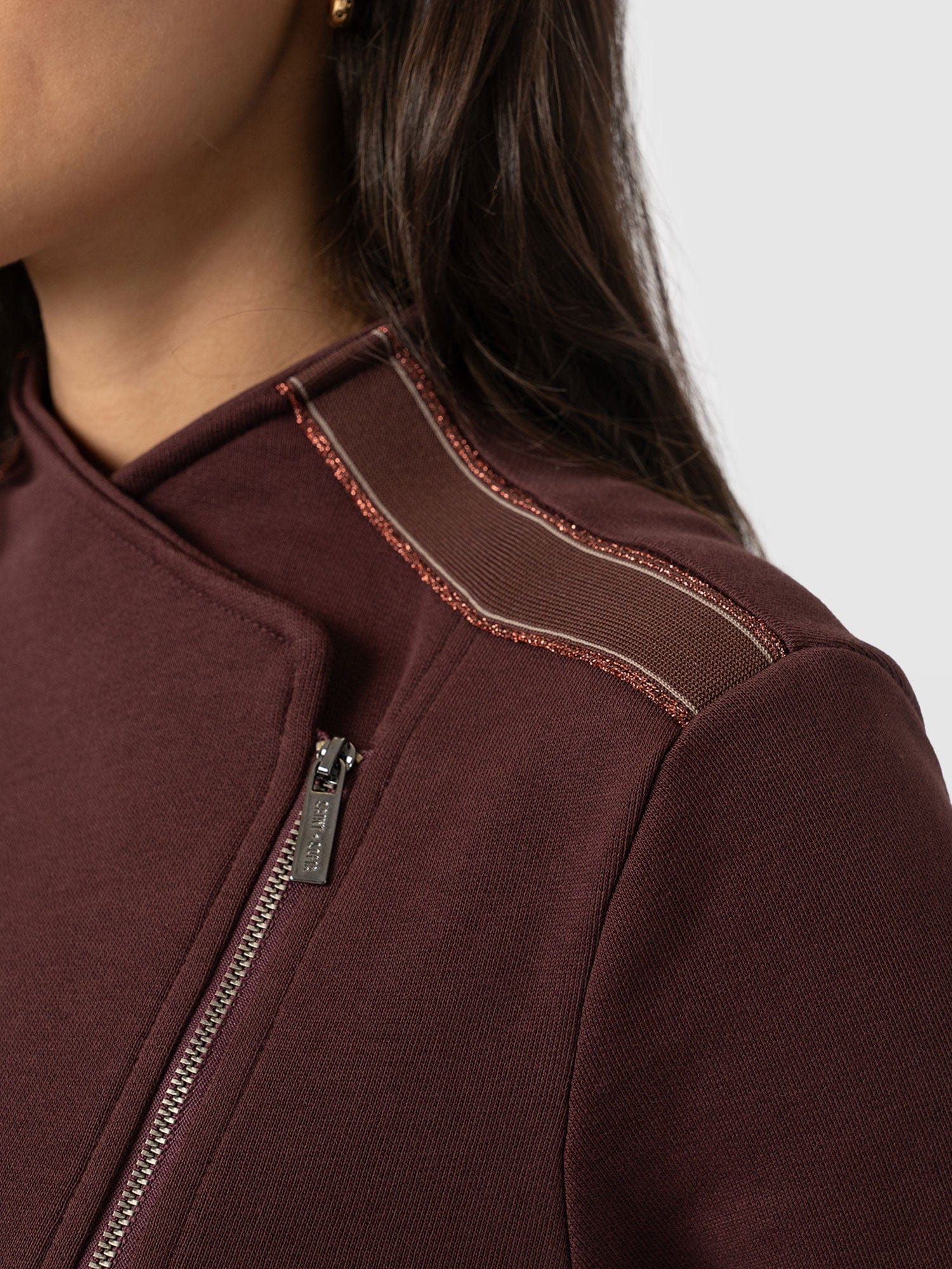 Cotton Biker Jacket - Maroon - Bronze Stripe - Women's Jackets | Saint + Sofia® UK