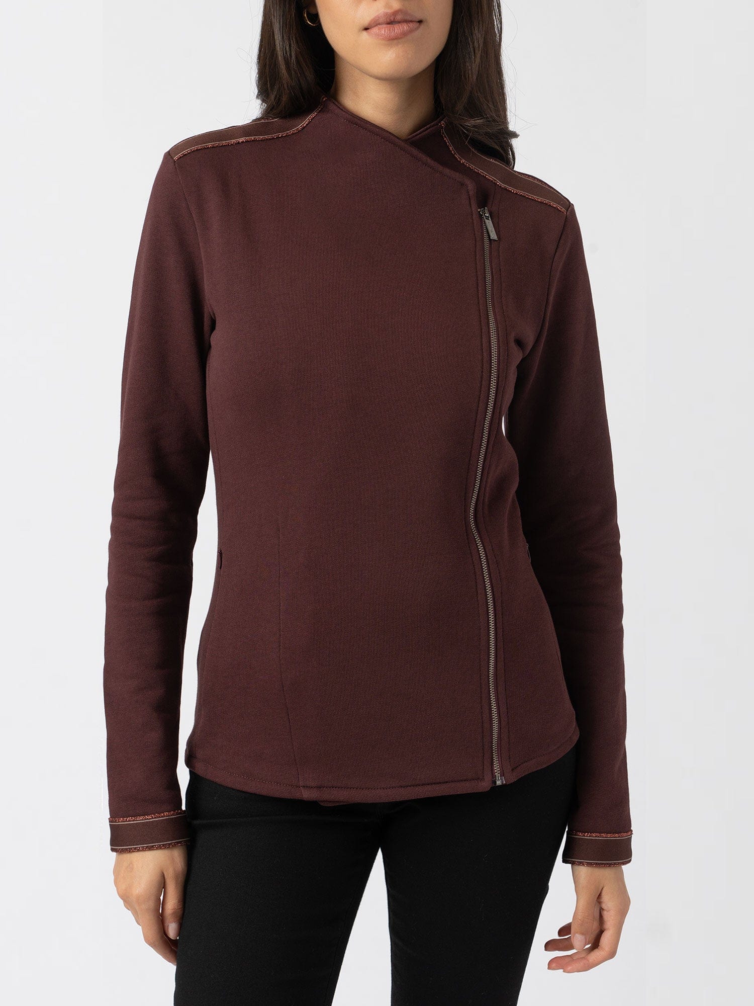 Cotton Biker Jacket - Maroon - Bronze Stripe - Women's Jackets | Saint + Sofia® UK