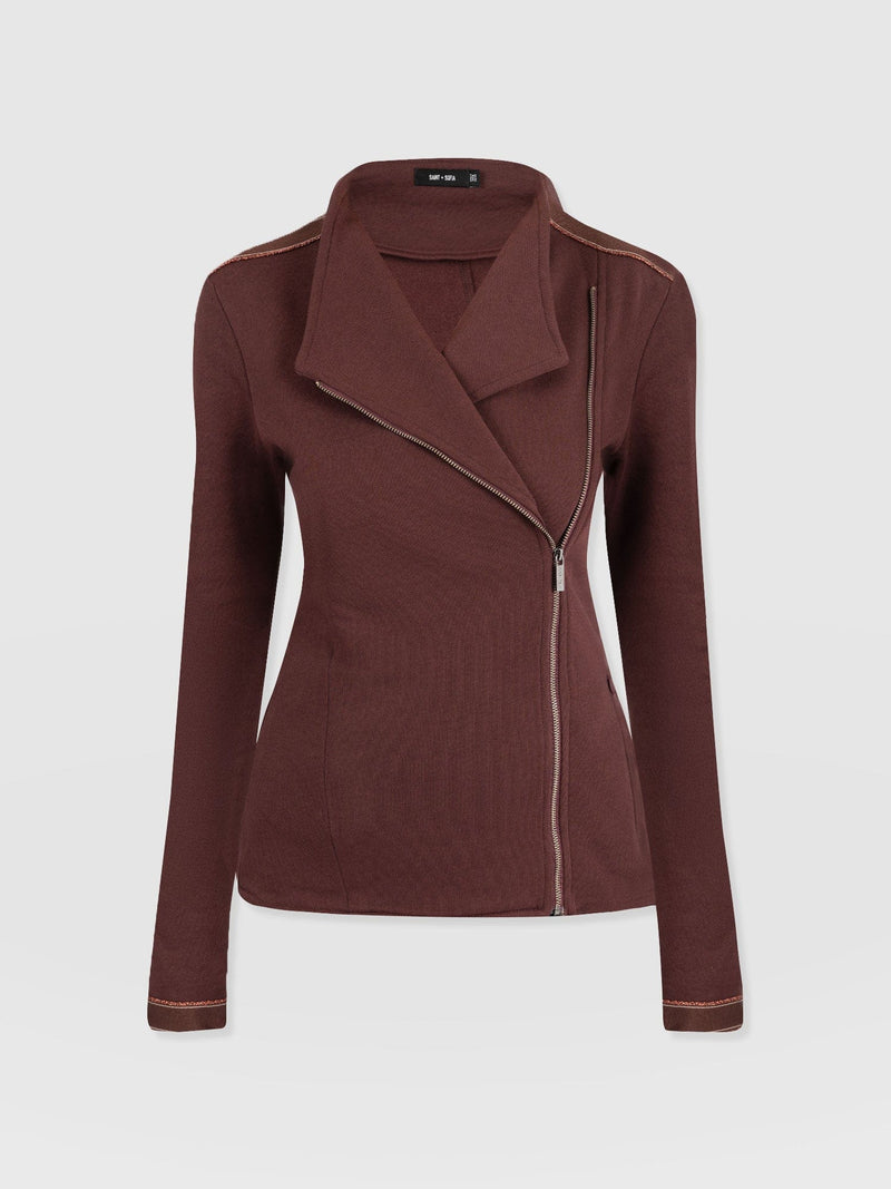 Cotton Biker Jacket - Maroon - Bronze Stripe - Women's Jackets | Saint + Sofia® UK