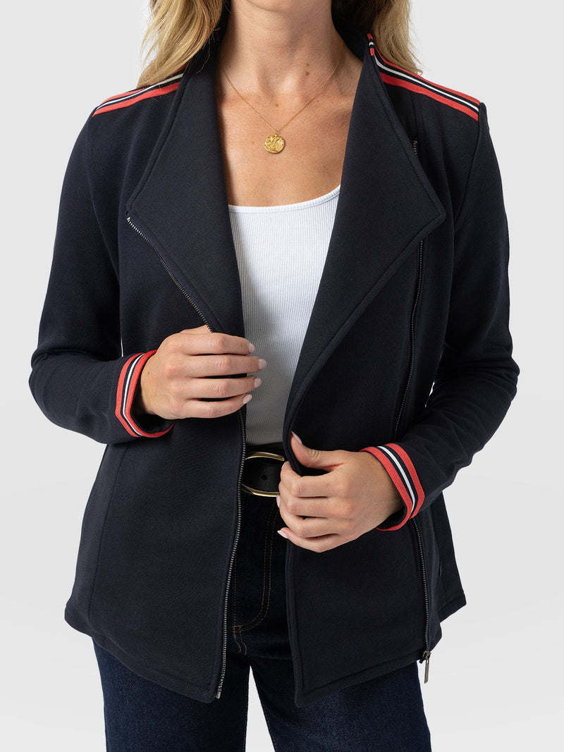 Cotton Biker Jacket Navy Stripe - Women's Jackets | Saint + Sofia® UK