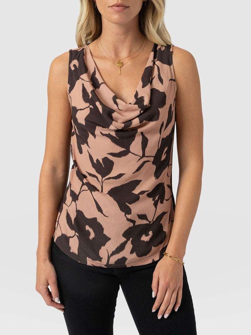 Cowl Neck Cami - Brown Floral - Women's T-shirts | Saint + Sofia® UK