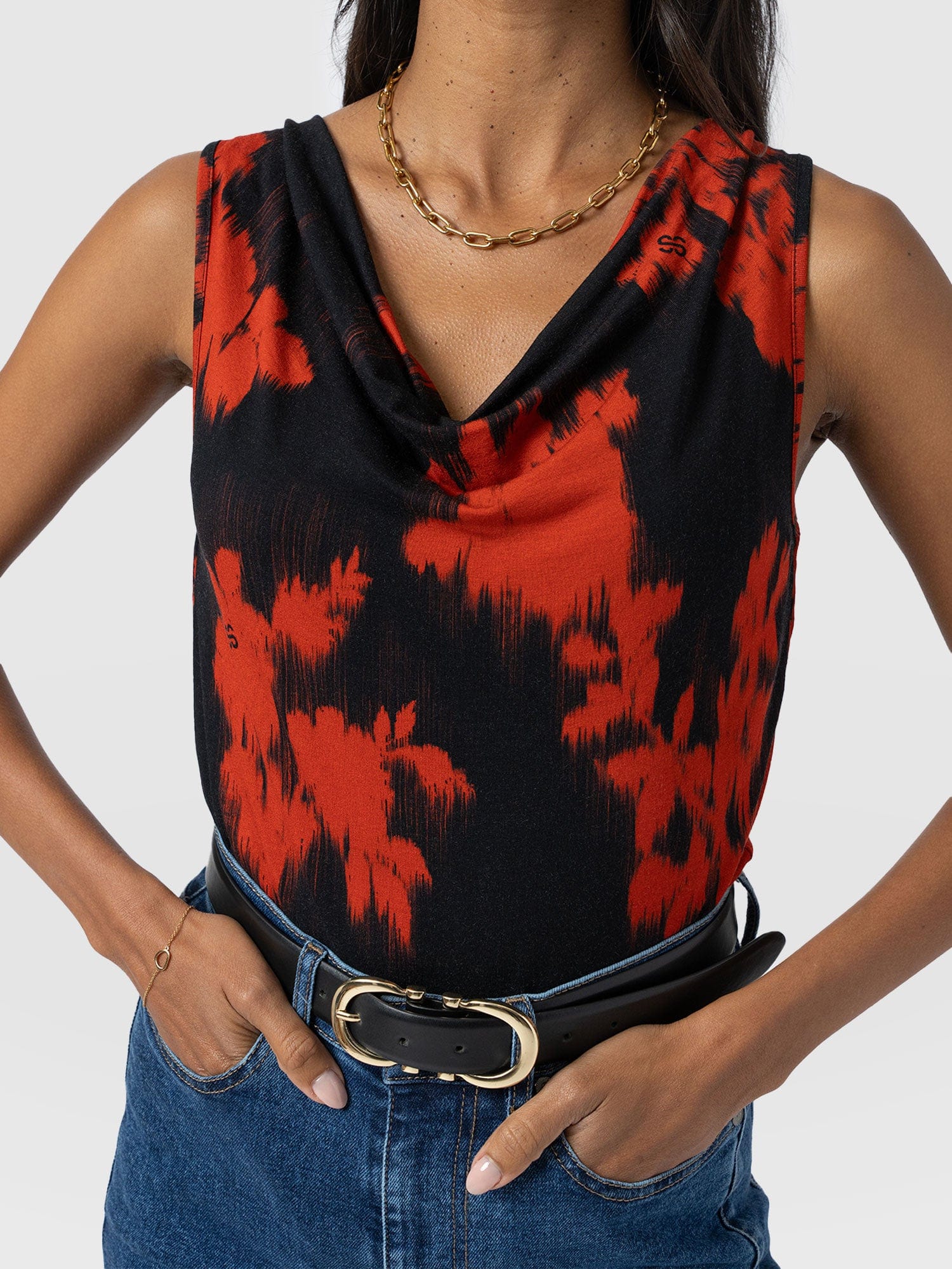 Cowl Neck Cami - Orange Fade Floral - Women's T-shirts | Saint + Sofia® UK