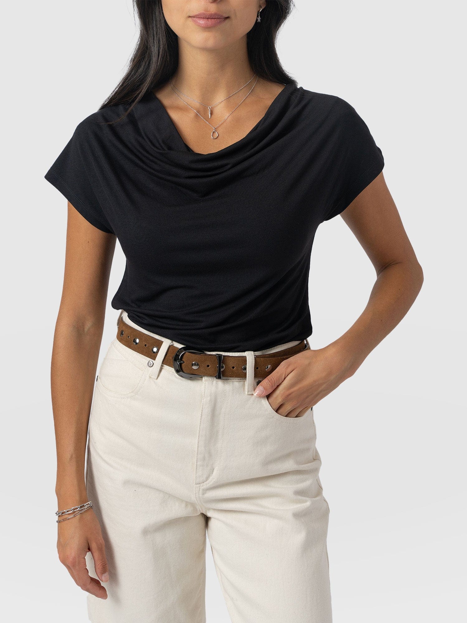 Cowl Neck Tee Black - Women's T-Shirts | Saint + Sofia® UK