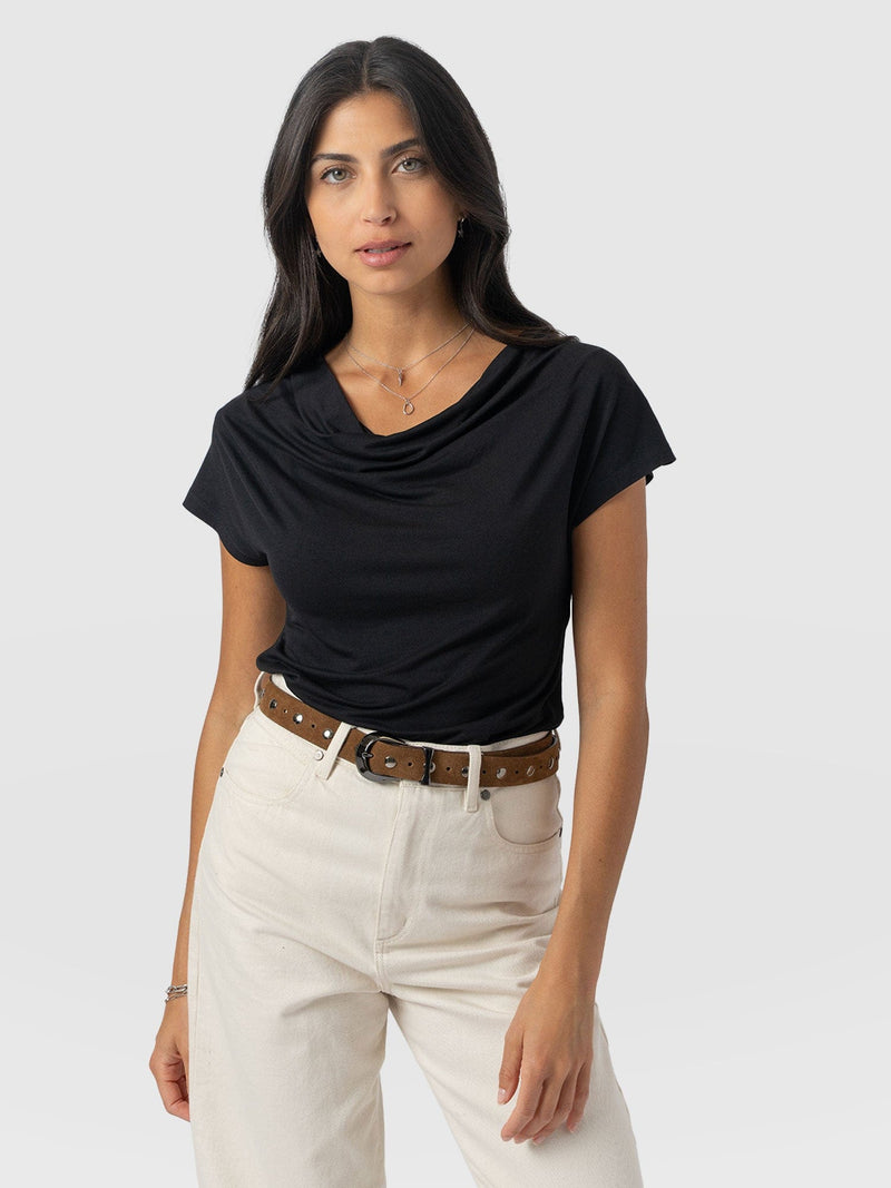 Cowl Neck Tee Black - Women's T-Shirts | Saint and Sofia® UK