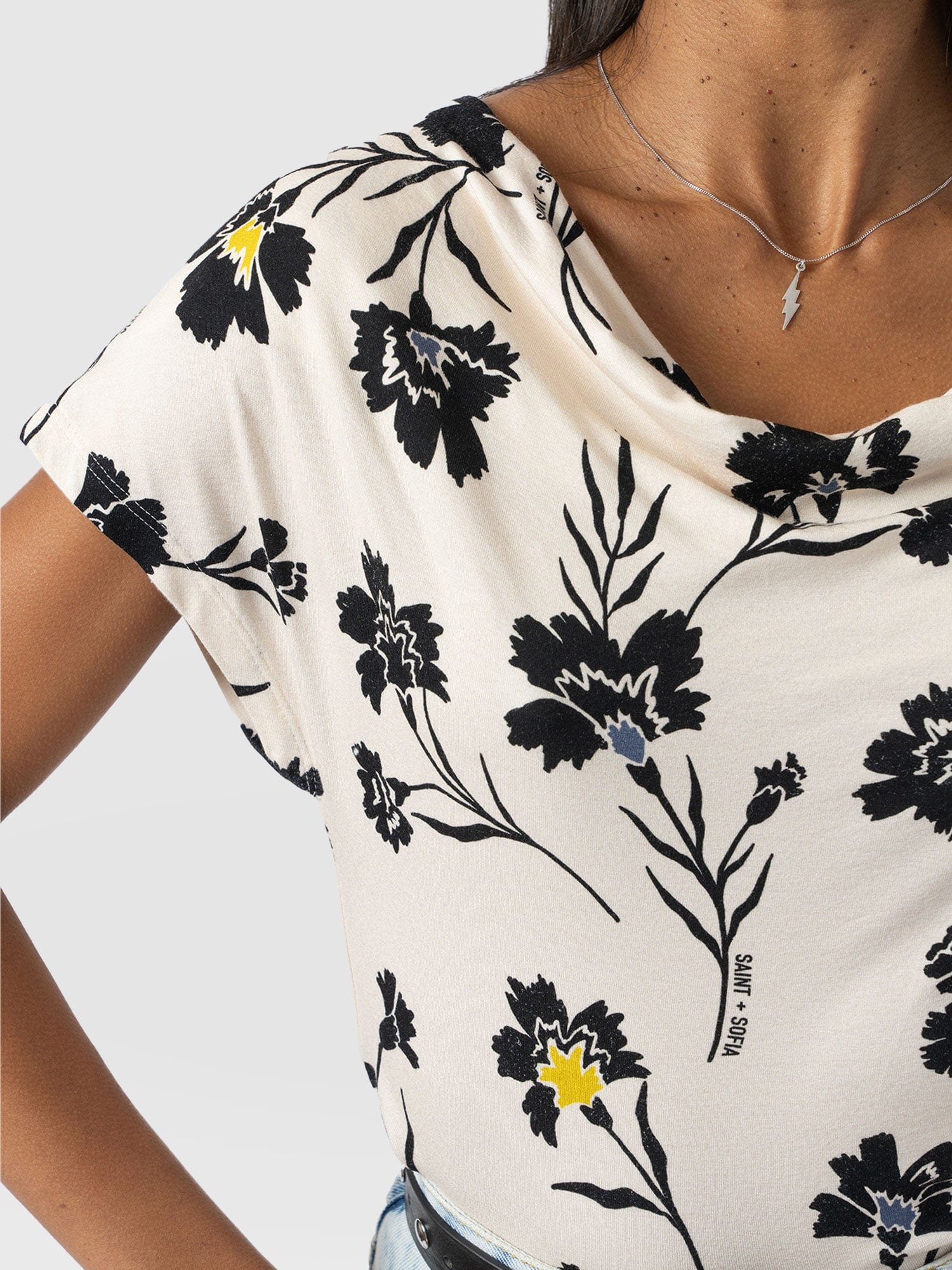 Cowl Neck Tee - White Spring Floral - Women's T-Shirts | Saint + Sofia® UK