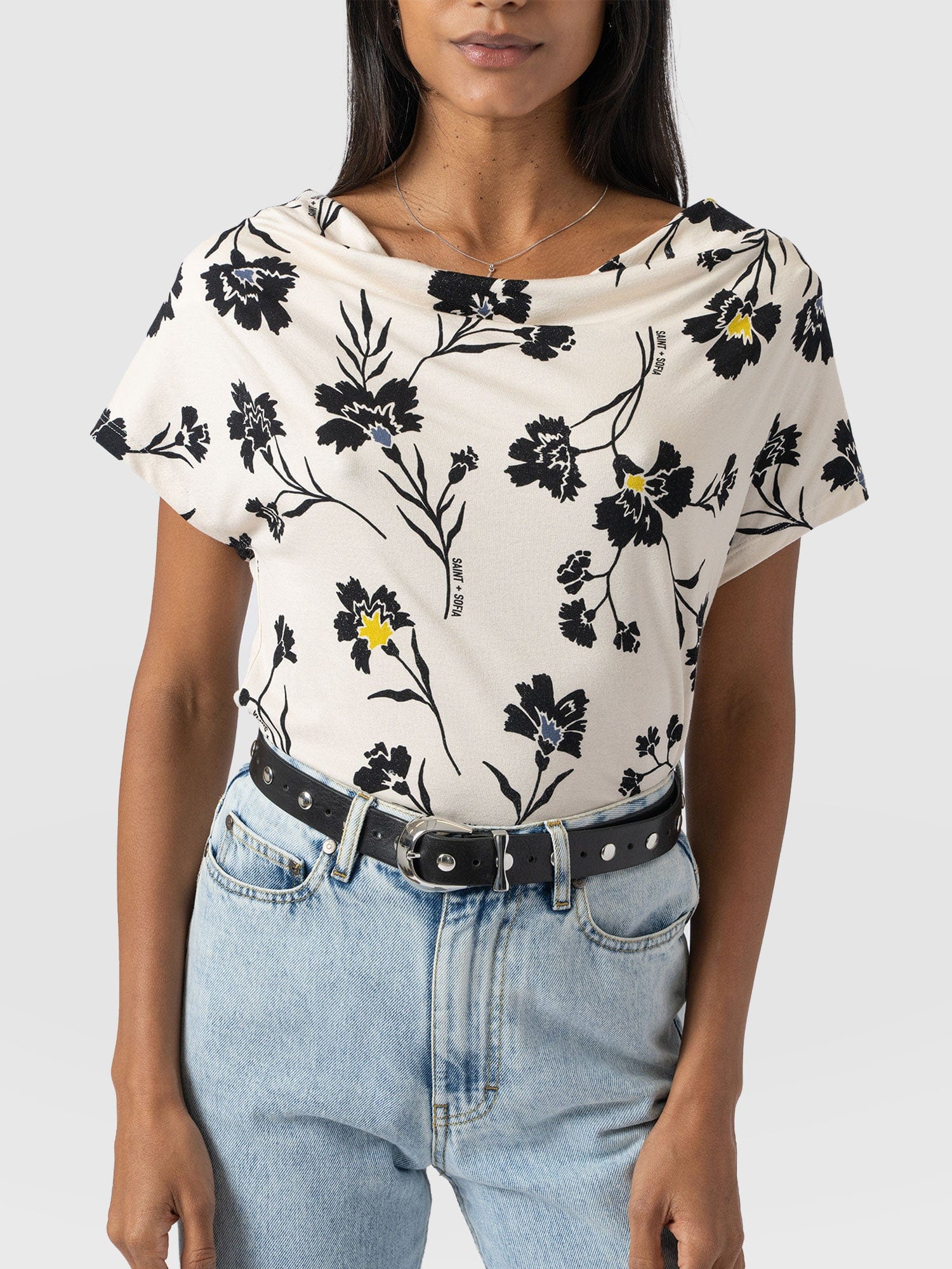 Cowl Neck Tee - White Spring Floral - Women's T-Shirts | Saint + Sofia® UK