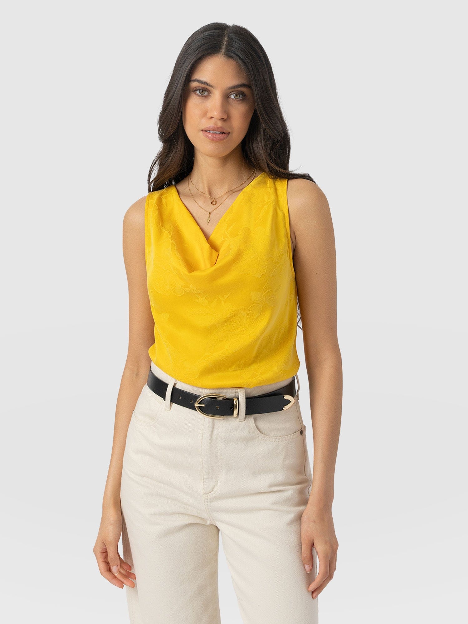 Cowl Neck Cami - Yellow Jacquard - Women's T-shirts | Saint + Sofia® UK