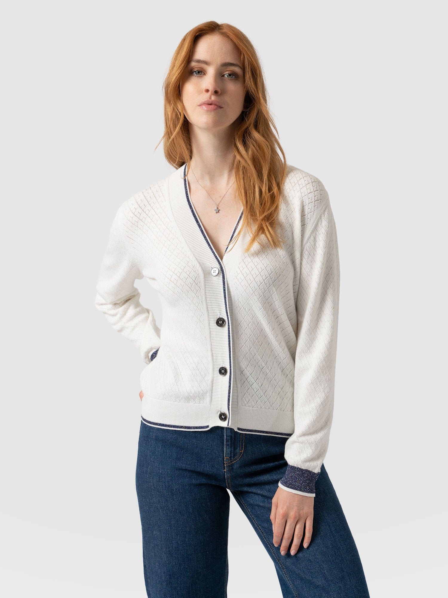 Diamond Knit Cardigan White Women's Cardigans Saint Sofia® UK