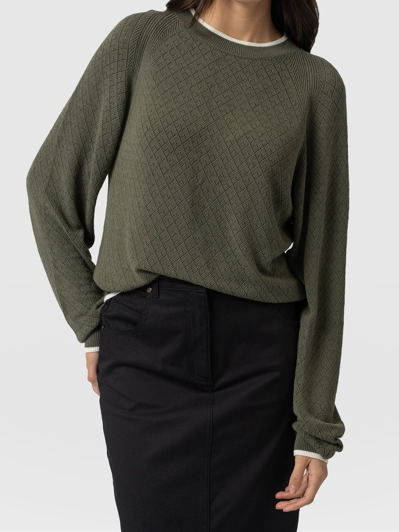 Diamond Knit Jumper Khaki - Women's Jumpers | Saint + Sofia® UK