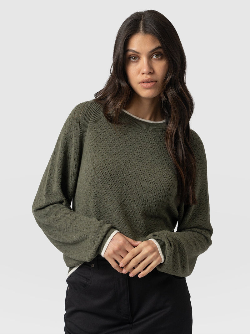 Diamond Knit Jumper Khaki - Women's Jumpers | Saint + Sofia® UK