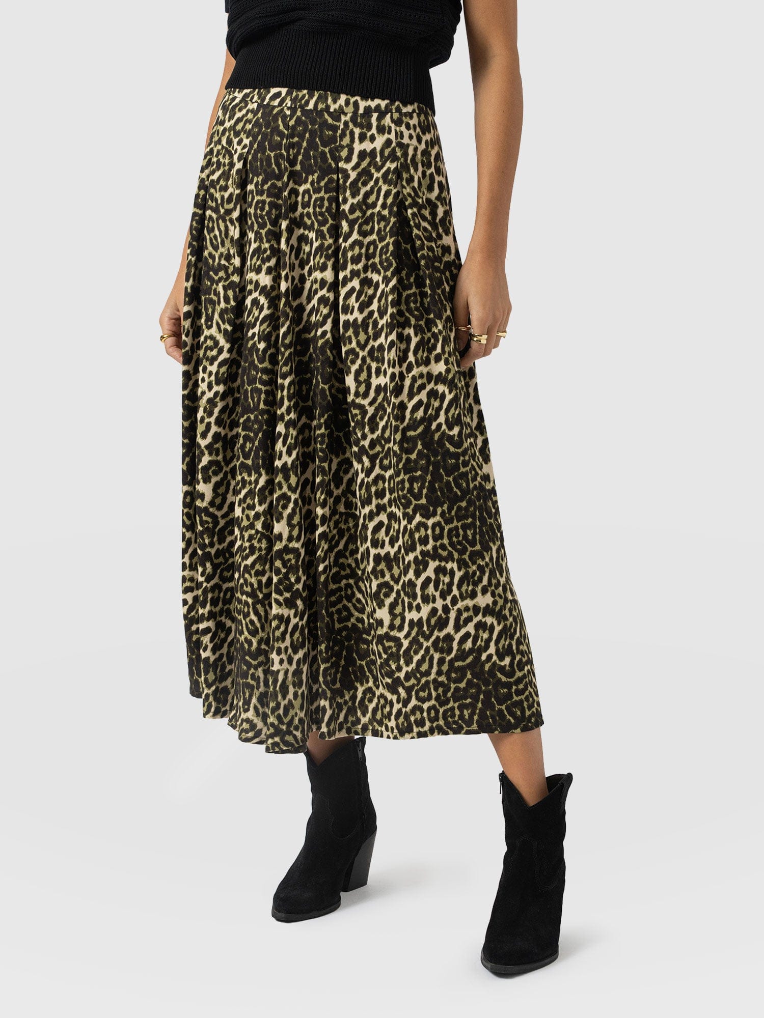 Eliza Pleated Skirt - Green Leopard - Women's Skirts | Saint + Sofia® UK