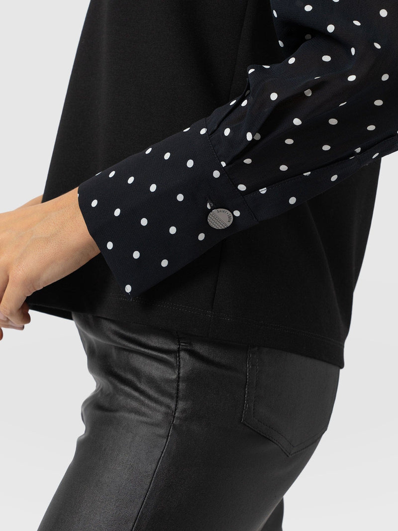 Ella Zip Up Top - Black Polka Dot - Women's T-shirts | Saint + Sofia® UK