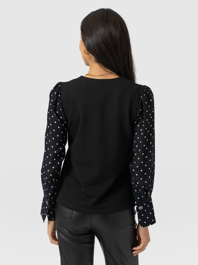 Ella Zip Up Top - Black Polka Dot - Women's T-shirts | Saint + Sofia® UK