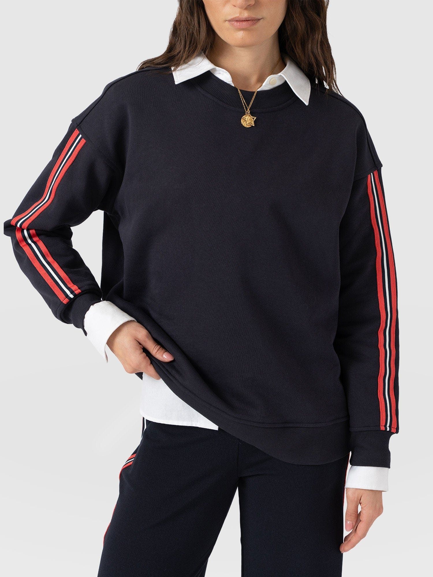 Hoxton Sweatshirt - Navy - Red Stripe - Women's Jumpers | Saint and Sofia® UK