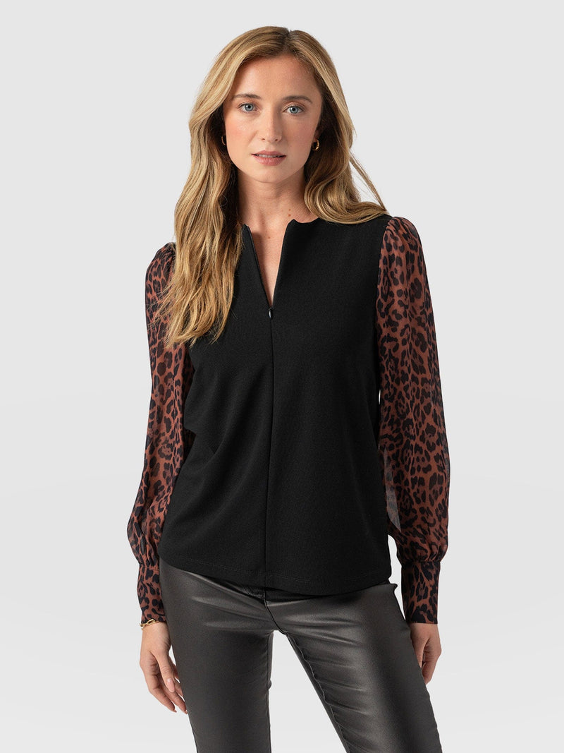 Esme Zip Up Top Brown Leopard - Women's Tops | Saint + Sofia® UK