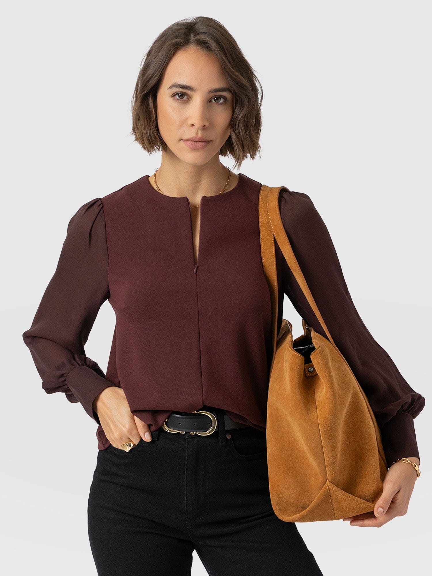 Esme Zip Up Top - Maroon - Women's T-shirts | Saint and Sofia® UK