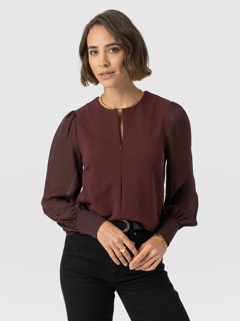 Esme Zip Up Top - Maroon - Women's T-shirts | Saint and Sofia® UK