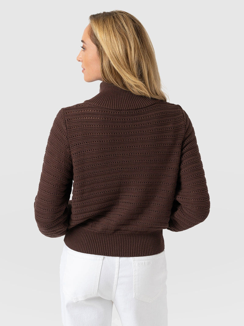 Ester Quarter Zip Knit - Chocolate - Women's Knitwears | Saint + Sofia® UK