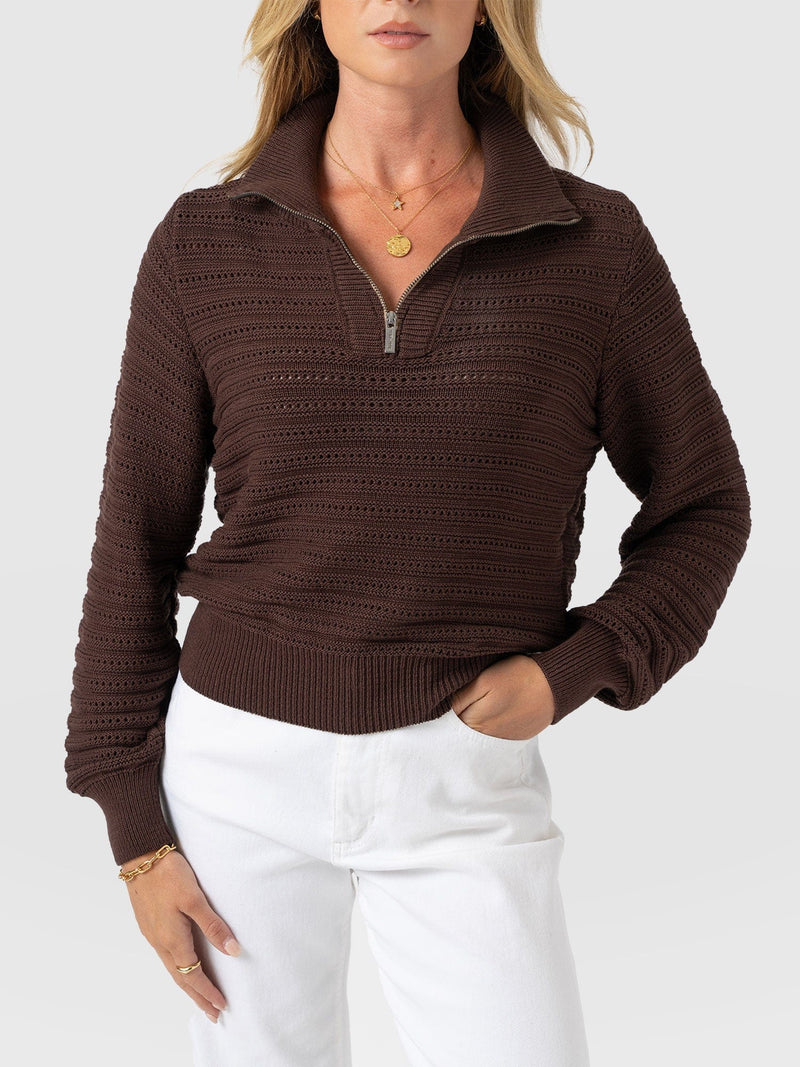 Ester Quarter Zip Knit - Chocolate - Women's Knitwears | Saint + Sofia® UK