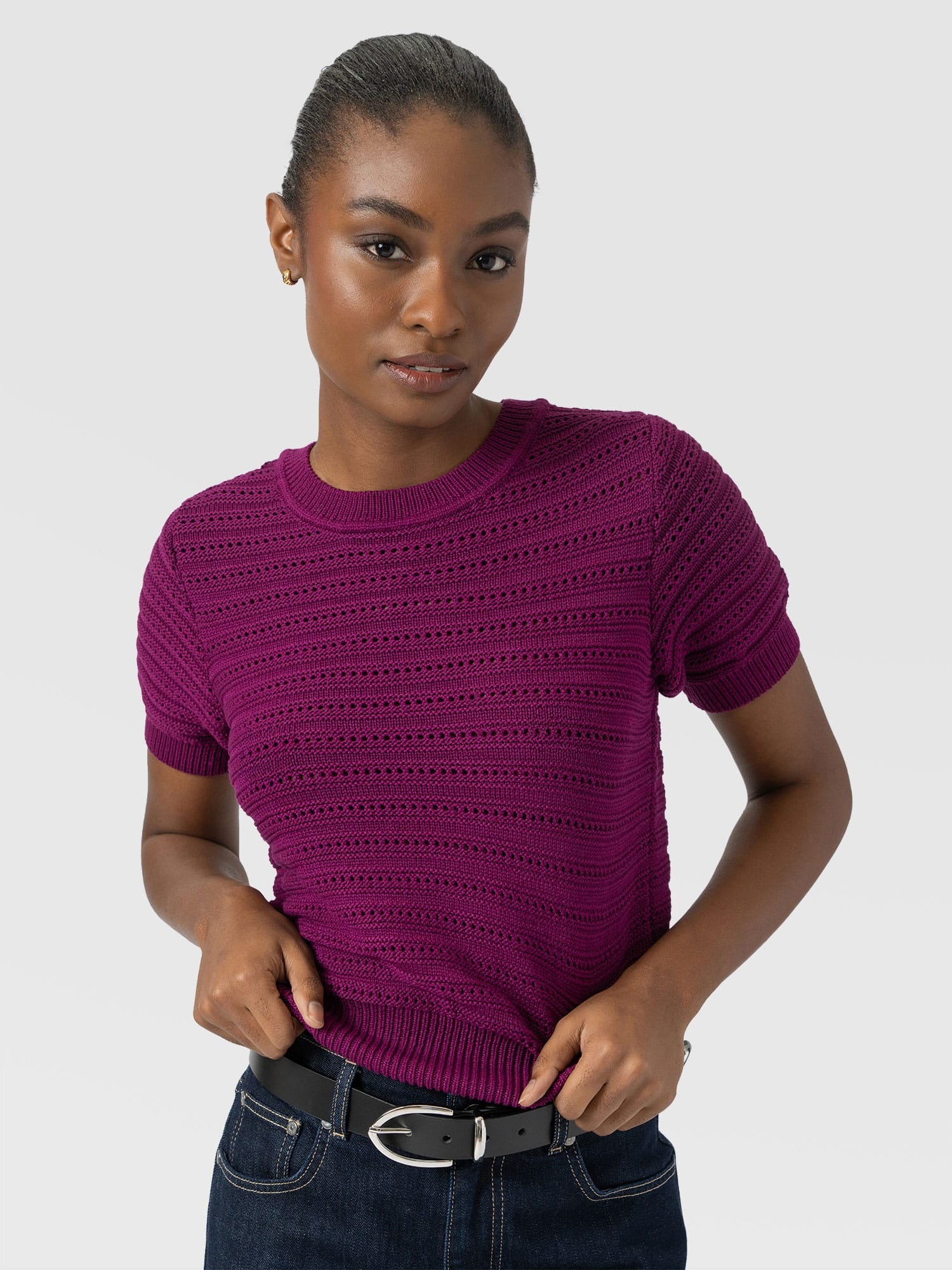 Ester Short Sleeve Knit - Dark Magenta - Women's Jumpers | Saint and Sofia® UK