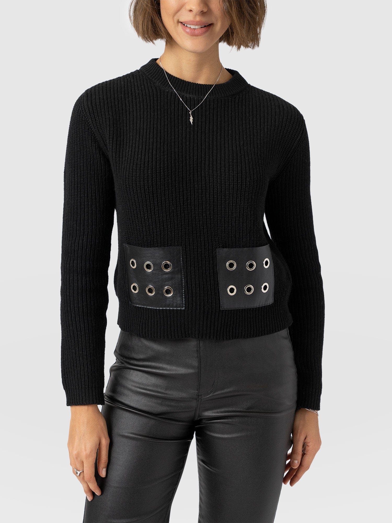 Eyelet Rib Knit Jumper Black - Women's Jumpers | Saint + Sofia® UK