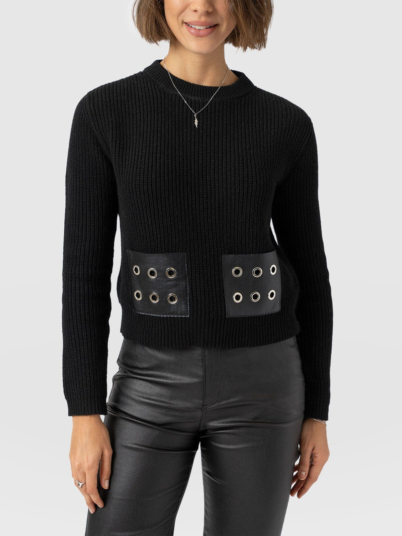 Eyelet Rib Knit Jumper Black - Women's Jumpers | Saint + Sofia® UK
