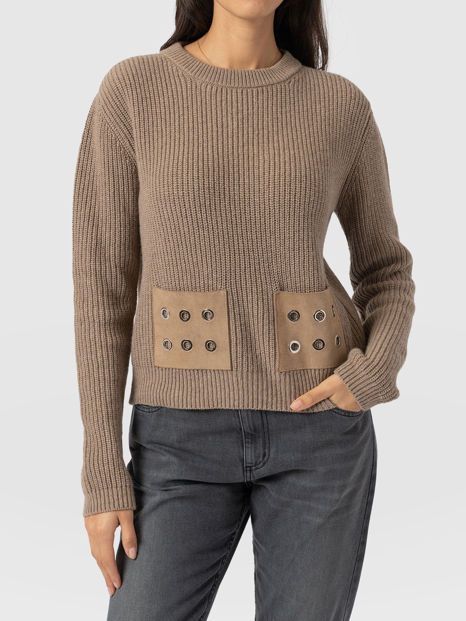 Eyelet Rib Knit Jumper Mocha - Women's Jumpers | Saint + Sofia® UK