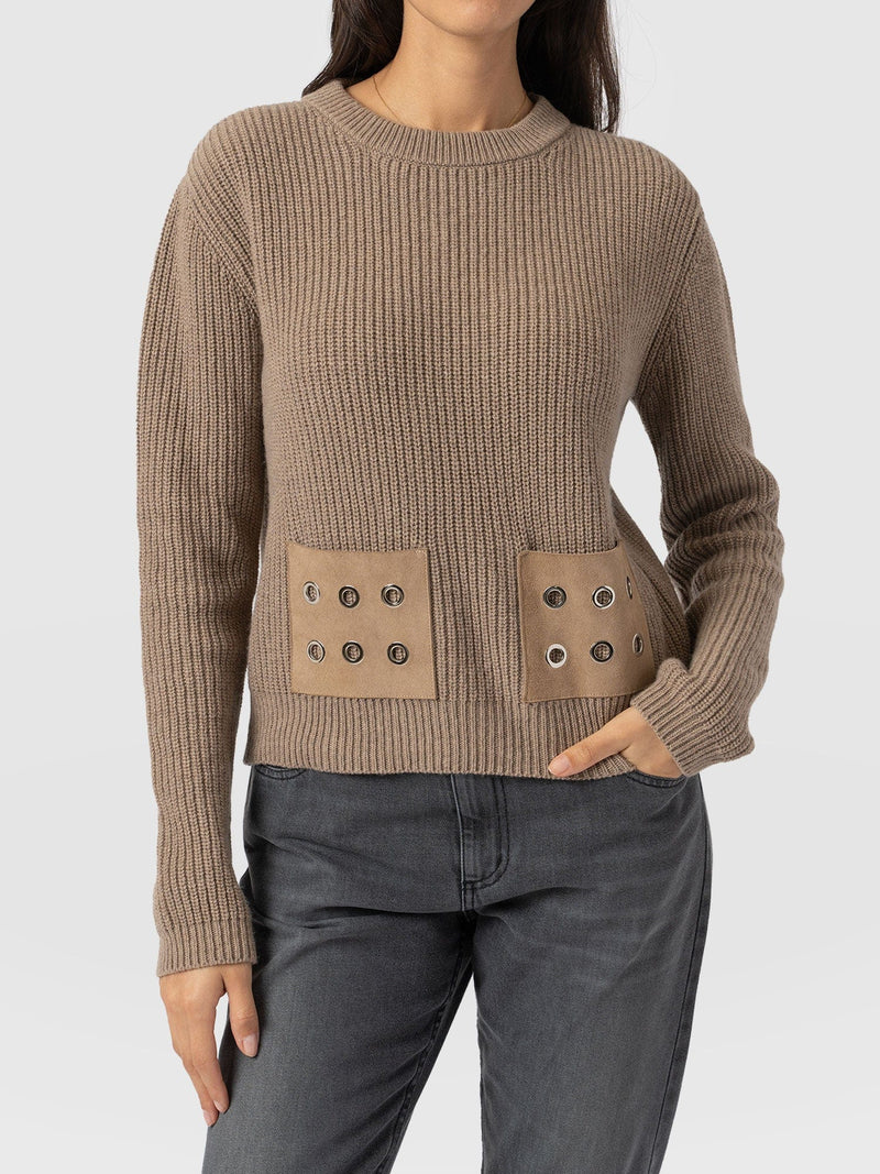 Eyelet Rib Knit Jumper Mocha - Women's Jumpers | Saint + Sofia® UK