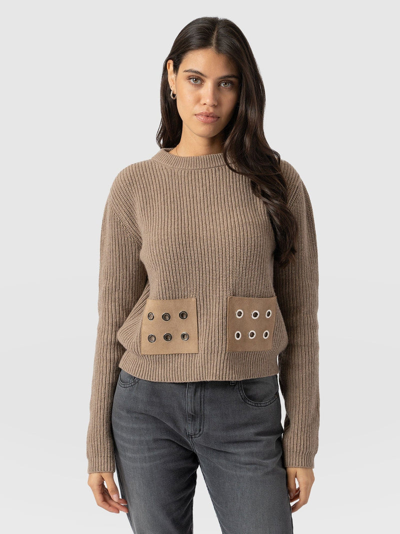 Eyelet Rib Knit Jumper Mocha - Women's Jumpers | Saint + Sofia® UK