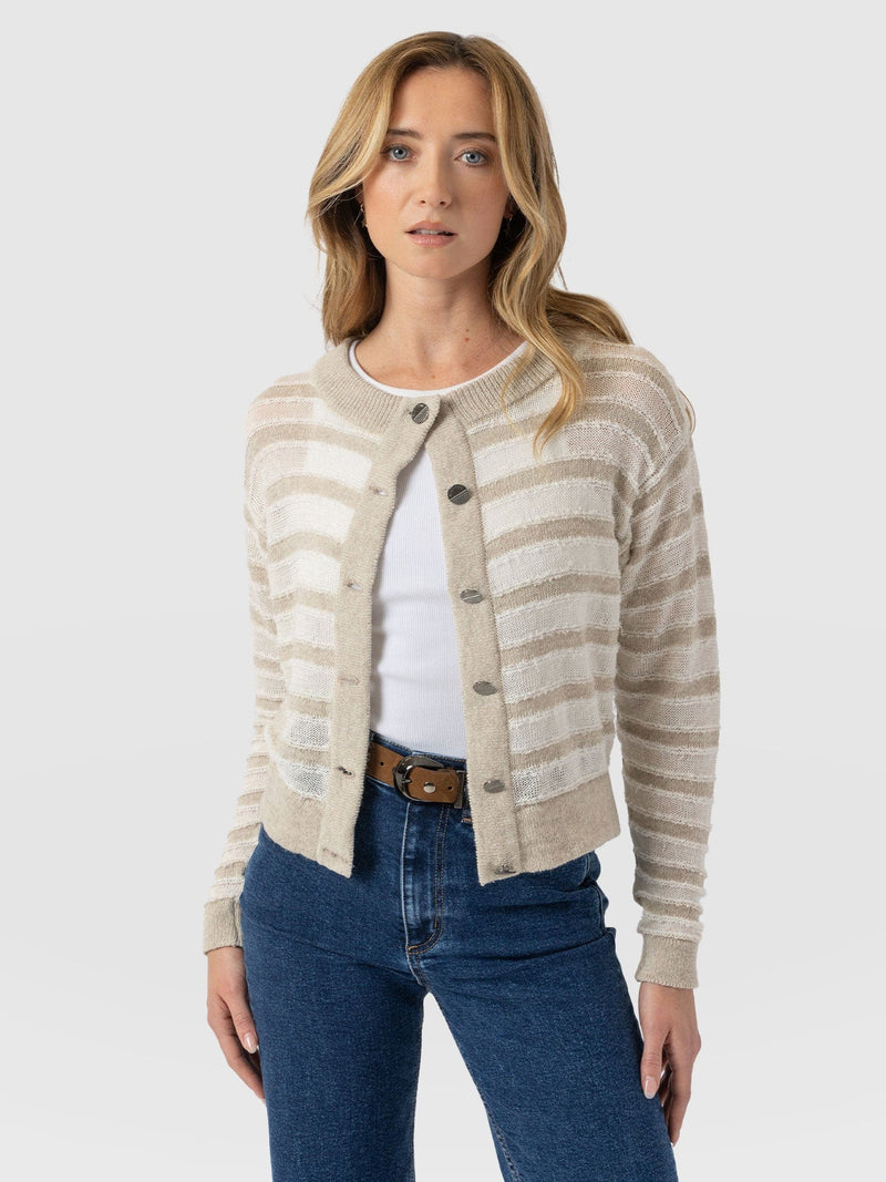 Fearne Knit Cardigan - Cream Stripe - Women's Cardigans | Saint and Sofia® UK