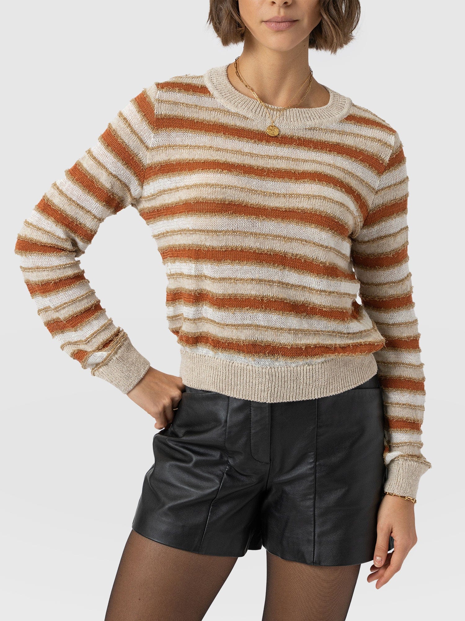 Fearne Knit Long Sleeve Tee - Rust Stripe - Women's Knitwears | Saint + Sofia® UK