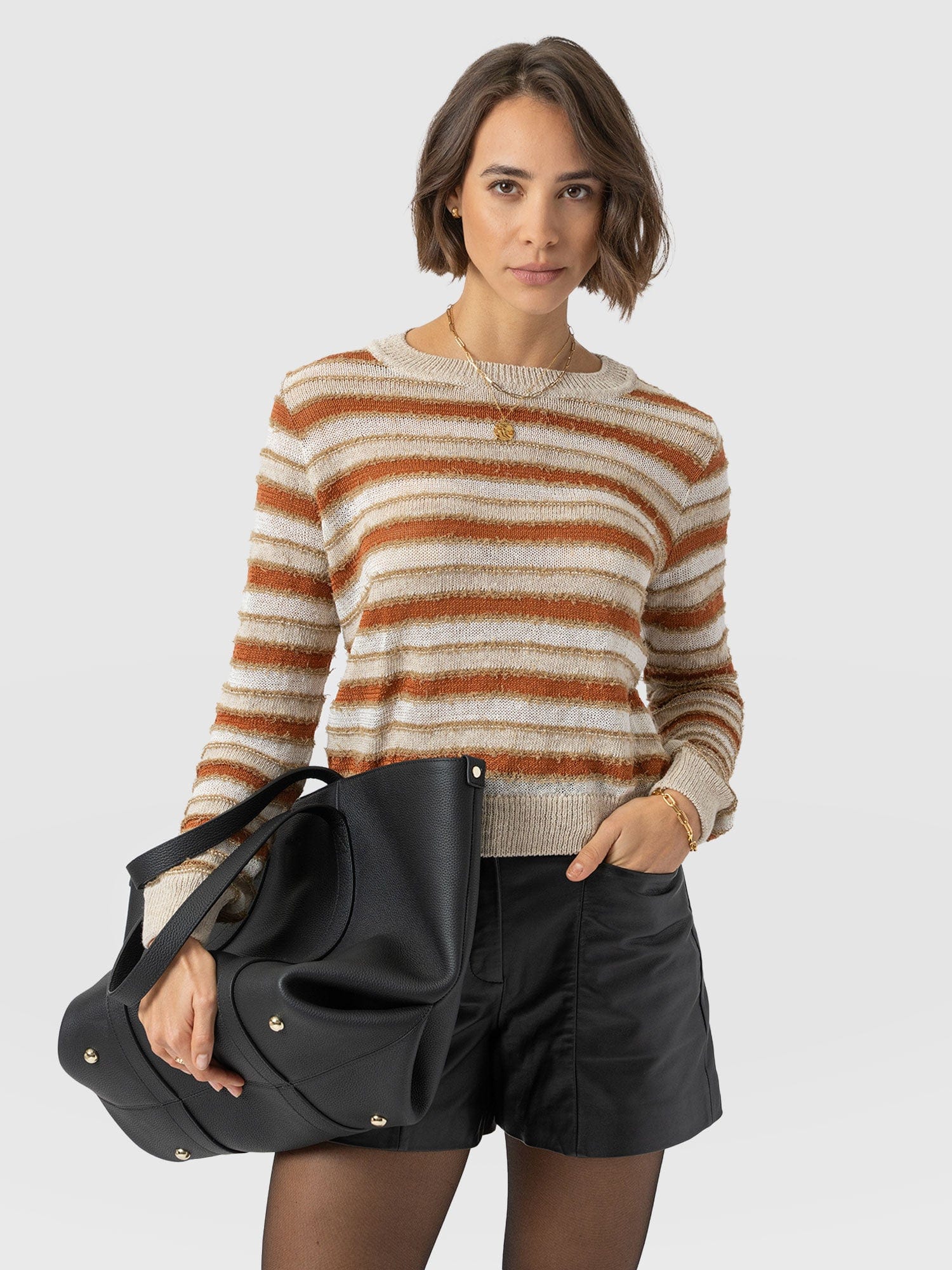 Fearne Knit Long Sleeve Tee - Rust Stripe - Women's Knitwears | Saint + Sofia® UK