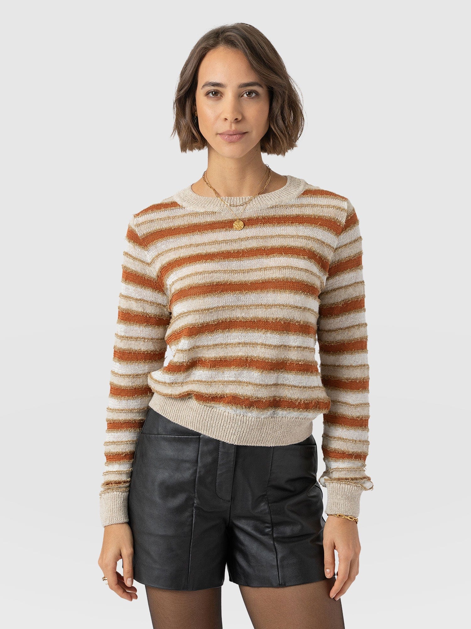Fearne Knit Long Sleeve Tee - Rust Stripe - Women's Knitwears | Saint + Sofia® UK