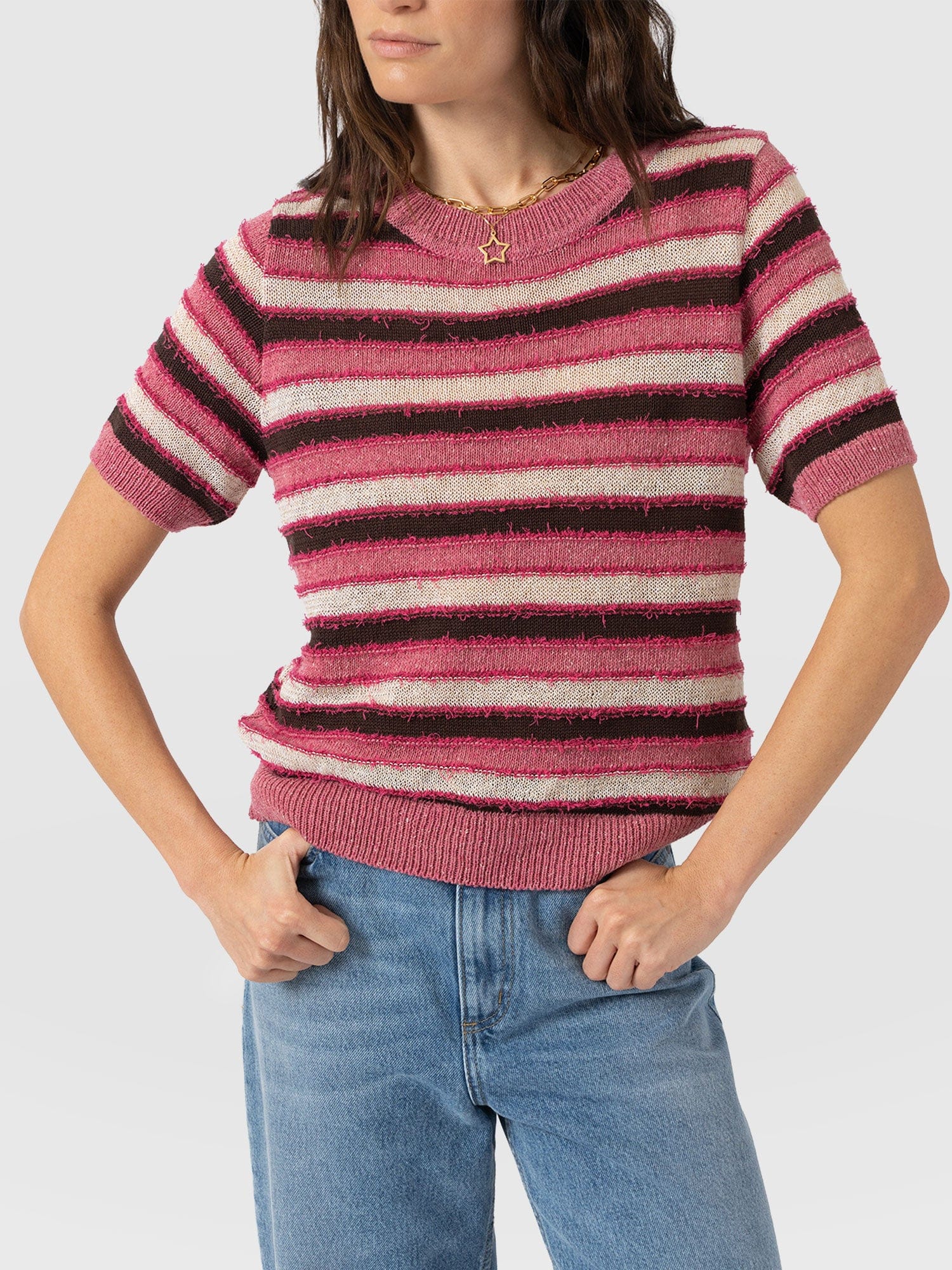 Fearne Knit Tee - Pink Stripe - Women's Jumpers | Saint + Sofia® UK