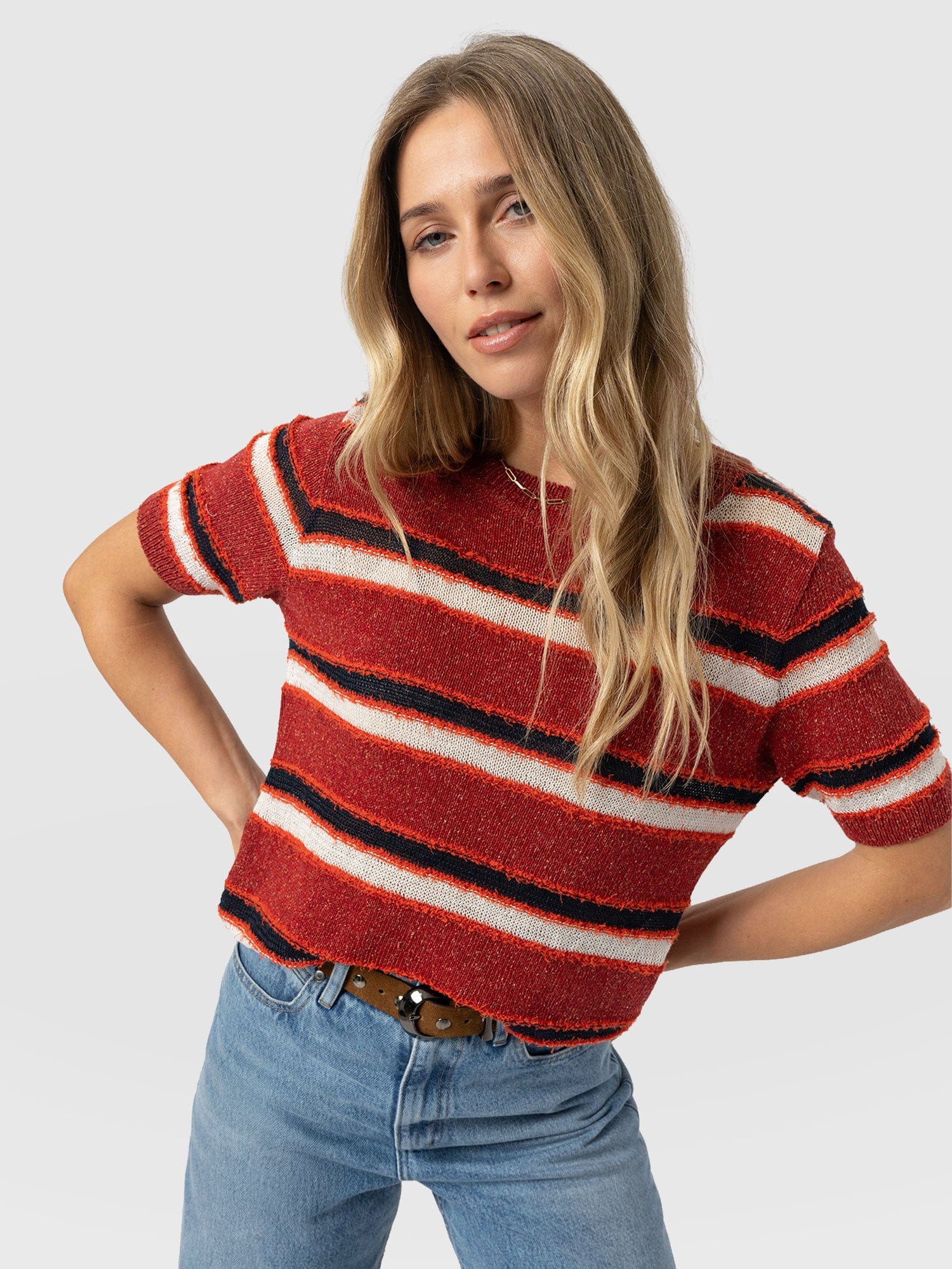 Fearne Knit Tee - Red Stripe - Women's Jumpers | Saint + Sofia® UK