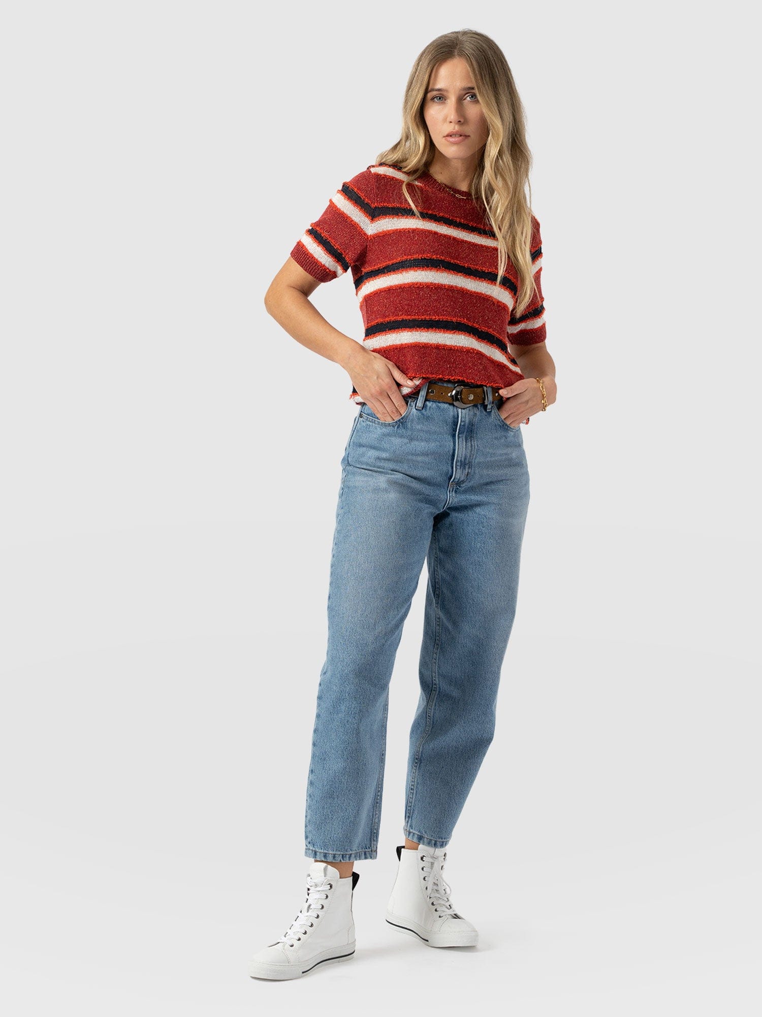 Fearne Knit Tee - Red Stripe - Women's Jumpers | Saint + Sofia® UK