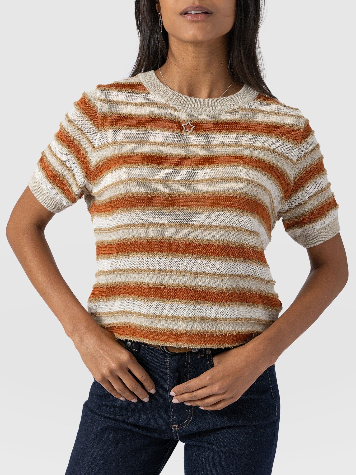 Fearne Knit Tee - Rust Stripe - Women's T-Shirts | Saint + Sofia® UK