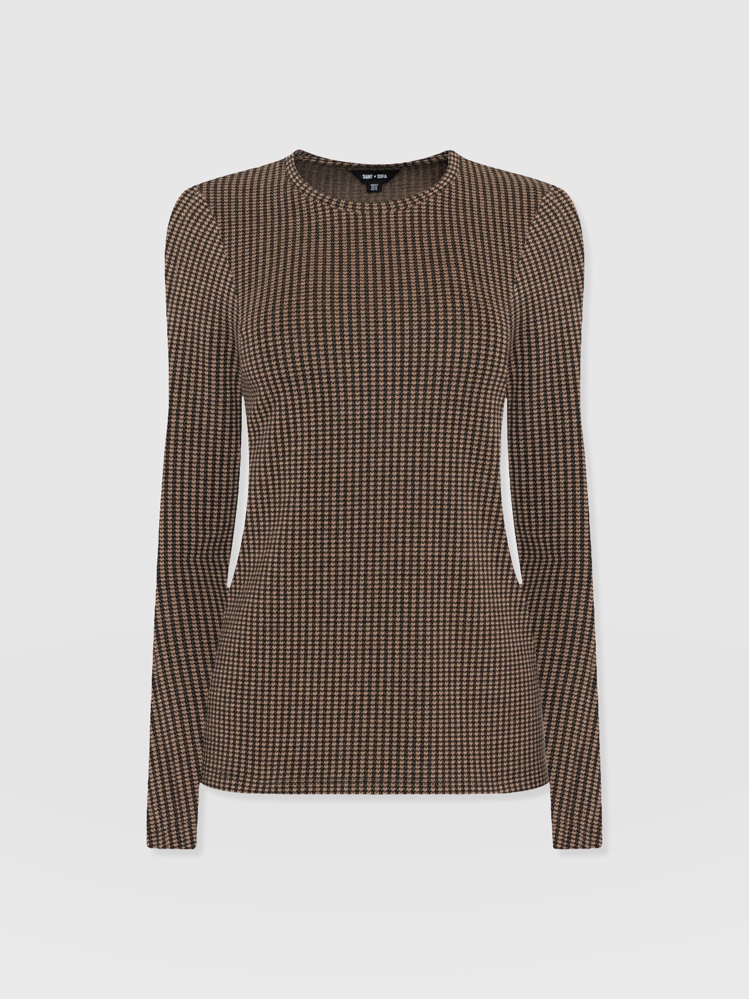 Glen Crew Neck Tee Long Sleeve - Brown Mini Houndstooth - Women's T-shirts | Saint and Sofia® UK