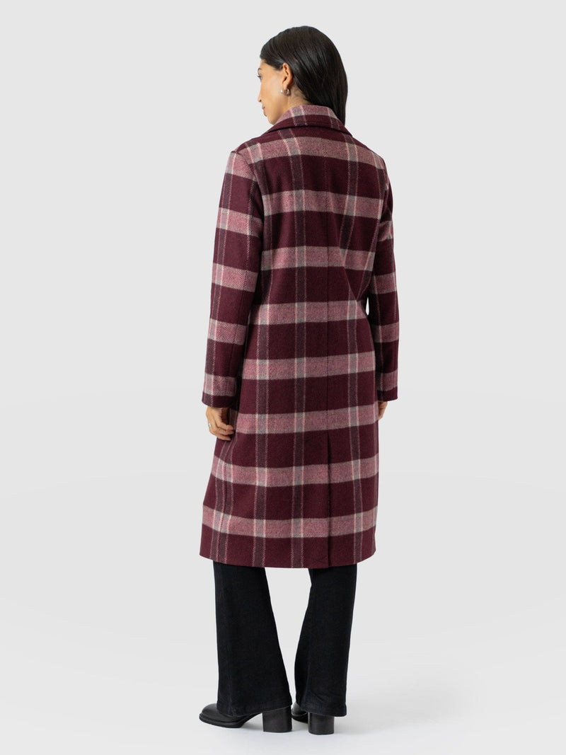 Hampton Coat - Burgundy/Pink Check - Women's Outerwears | Saint + Sofia® UK