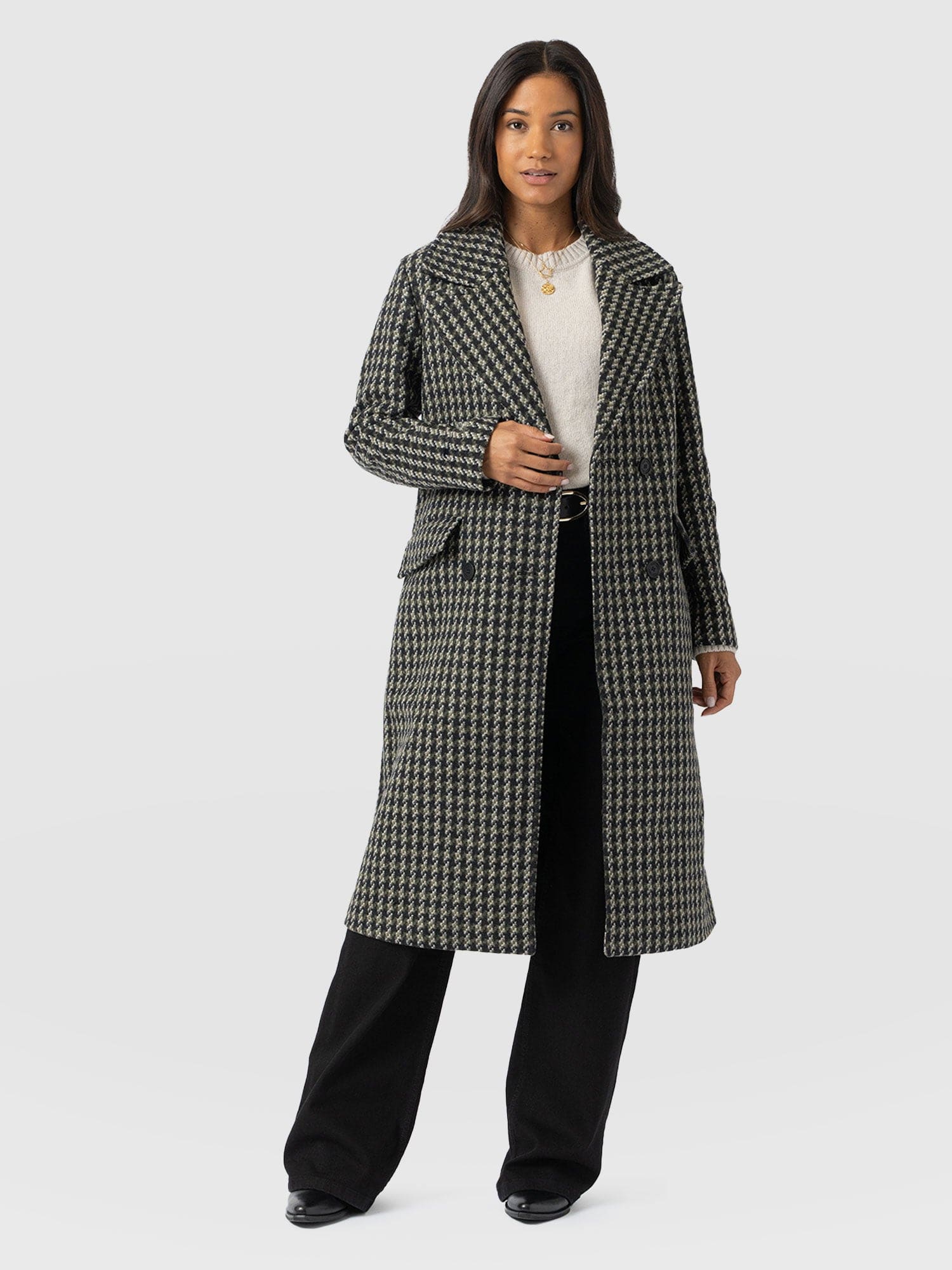 Hampton Coat Olive Houndstooth - Women's Coats | Saint + Sofia® UK
