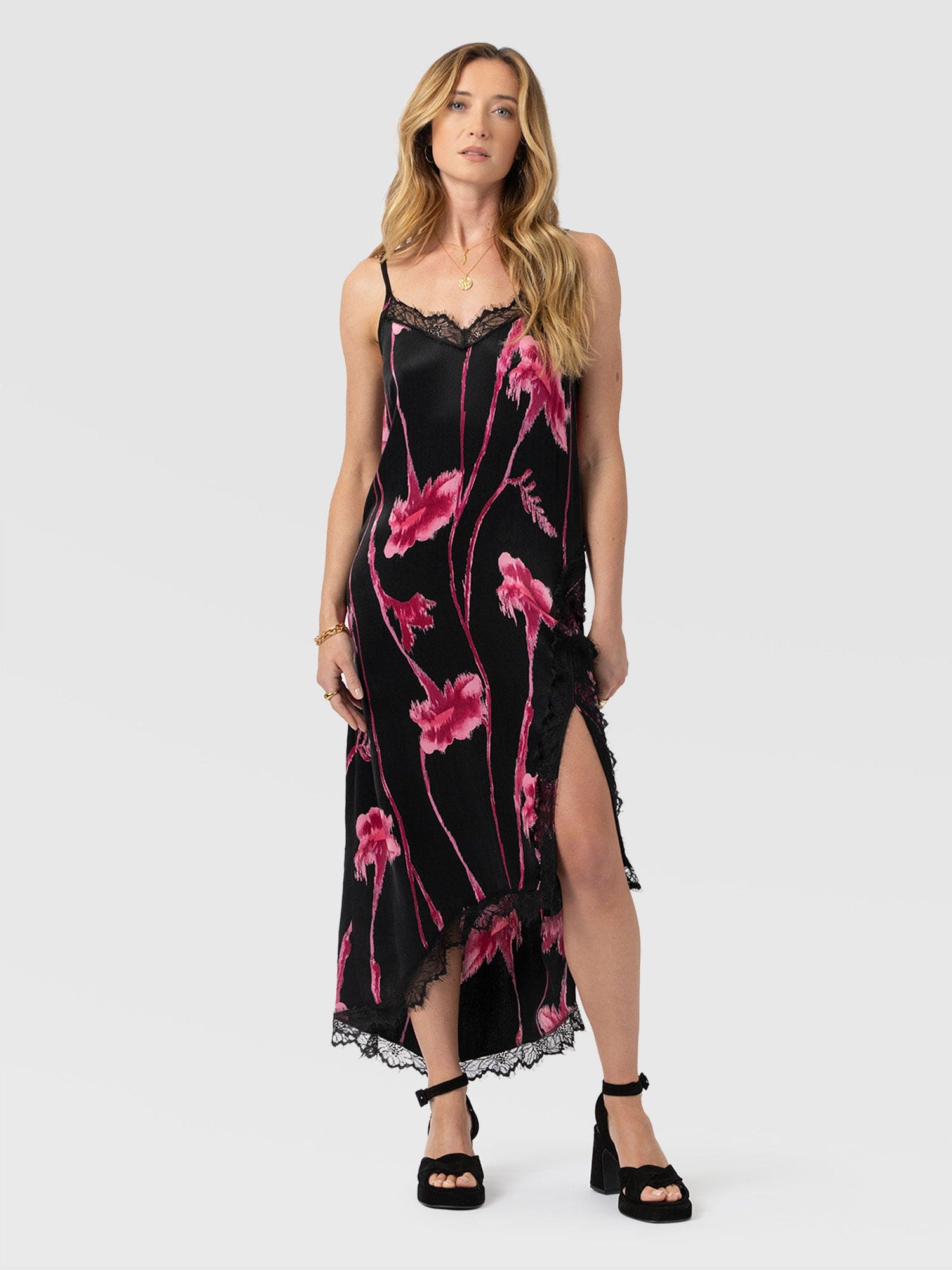 Harper Lace Cami Dress - Pink Stem Floral - Women's Dresses | Saint and Sofia® UK