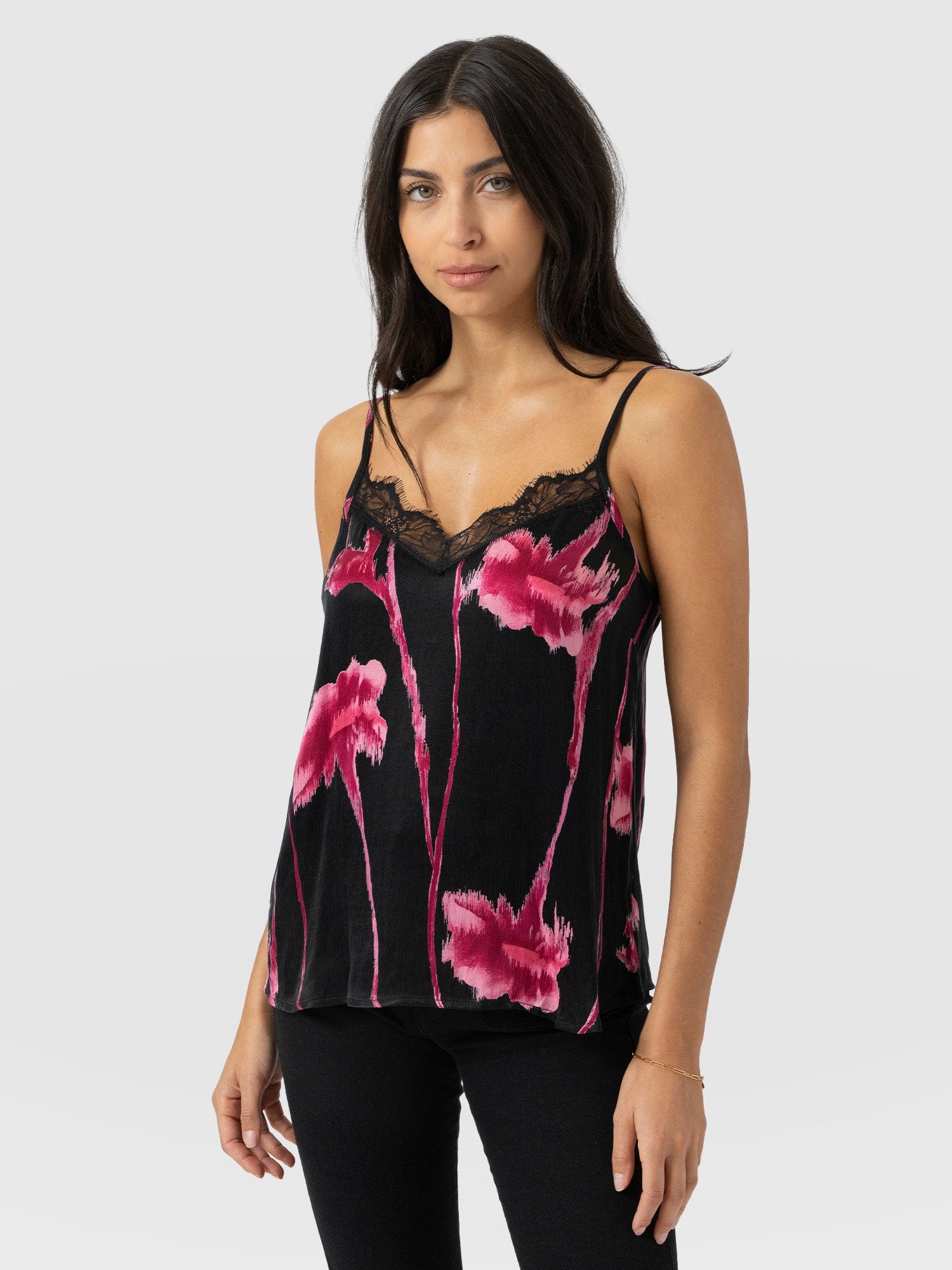 Harper Lace Cami - Pink Stem Floral - Women's T-shirts | Saint + Sofia® UK