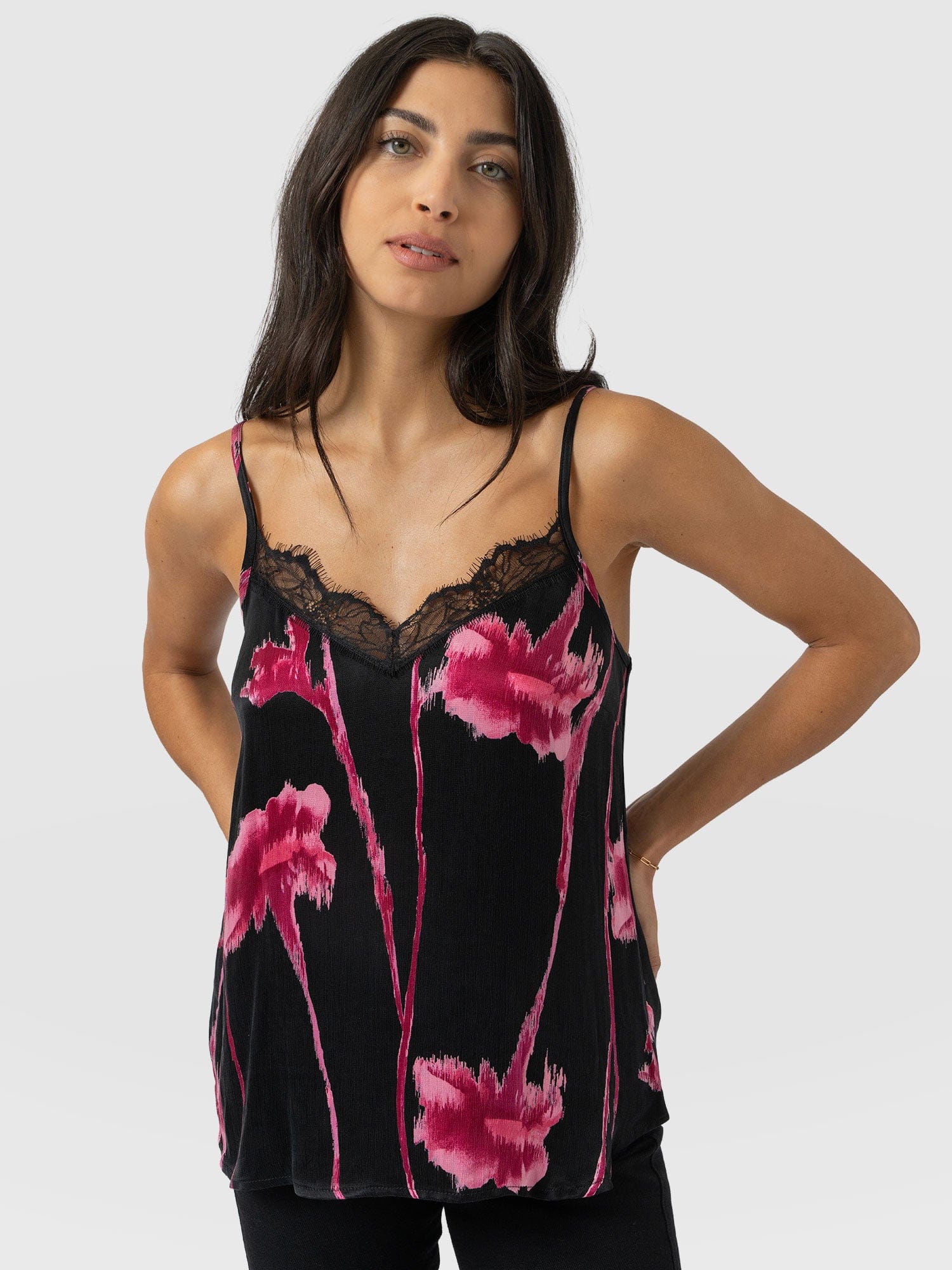 Harper Lace Cami - Pink Stem Floral - Women's T-shirts | Saint + Sofia® UK