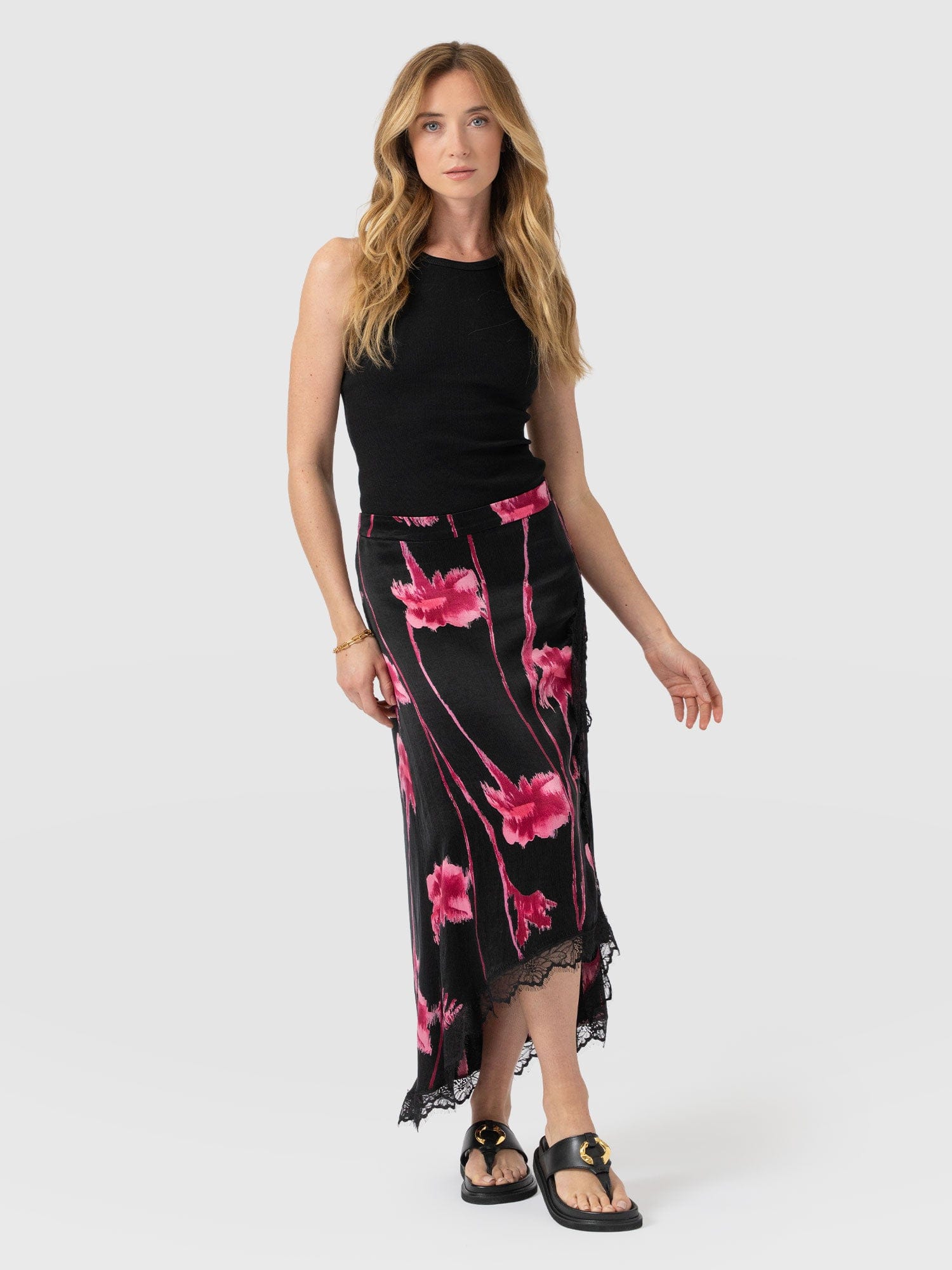 Harper Lace Midi Skirt - Pink Stem Floral - Women's Skirts | Saint + Sofia® UK