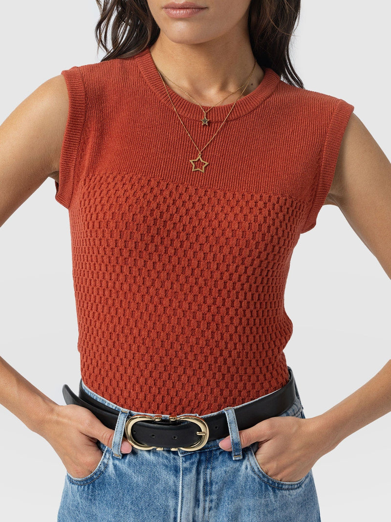 Honeycomb Sleeveless Rib Knit - Burnt Orange - Women's Knitwears | Saint + Sofia® UK