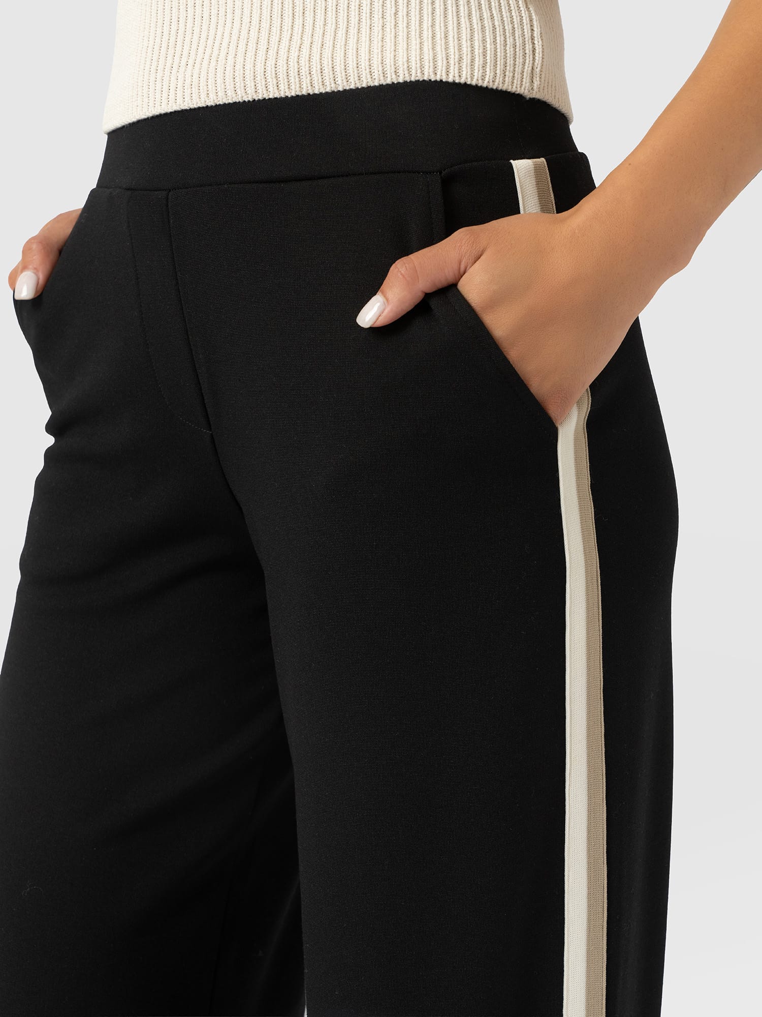 Hoxton Straight Leg Pant - Black - Cream/Beige Stripe - Women's Trousers | Saint and Sofia® UK