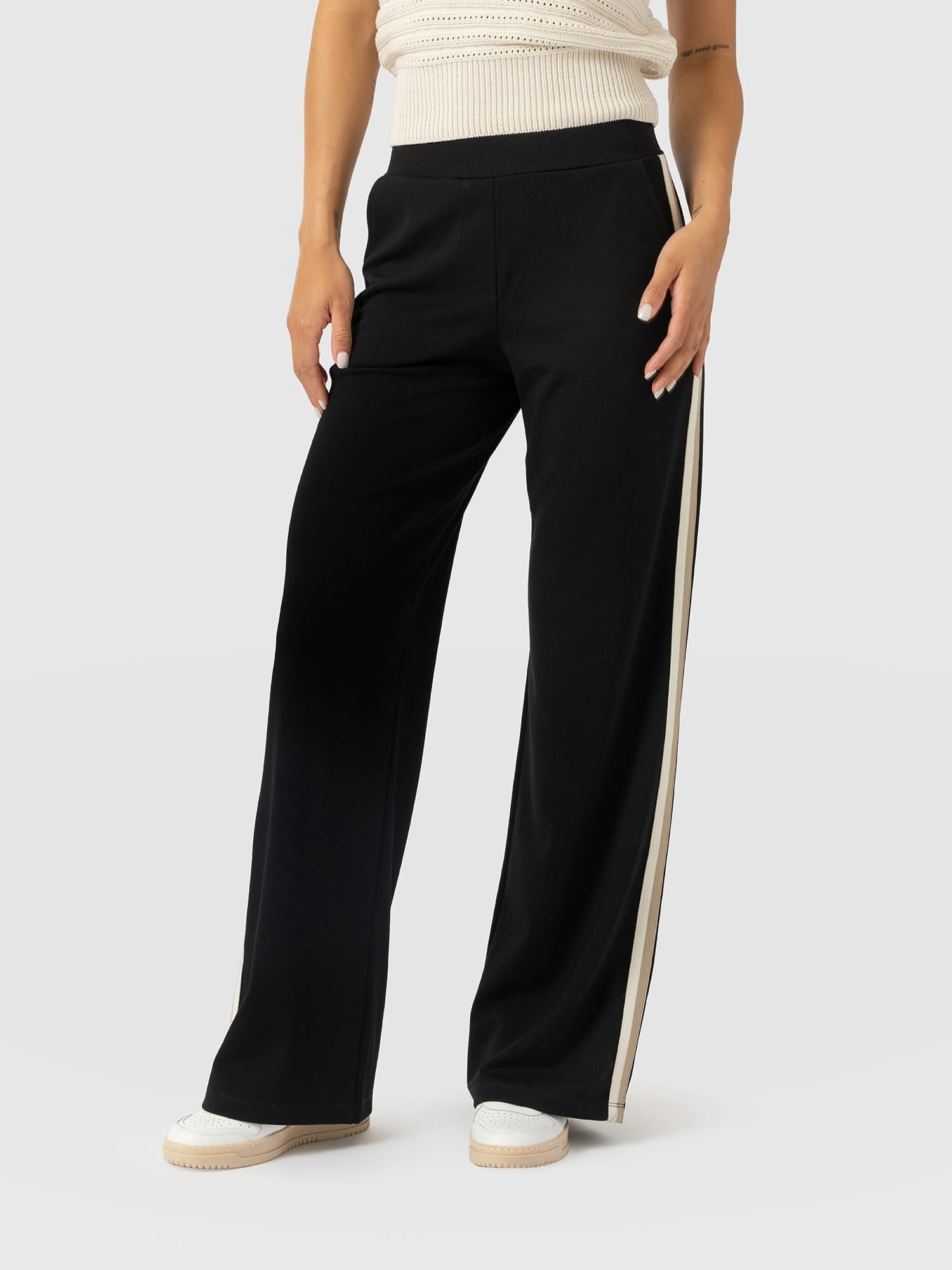Hoxton Straight Leg Pant - Black - Cream/Beige Stripe - Women's Trousers | Saint and Sofia® UK